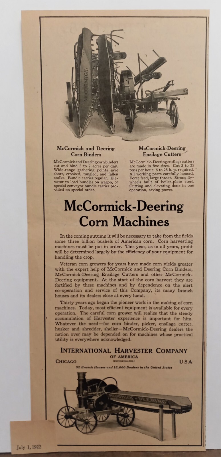 Antique International Harvester McCormick-Deering Corn Machine – 1922 Farming AD