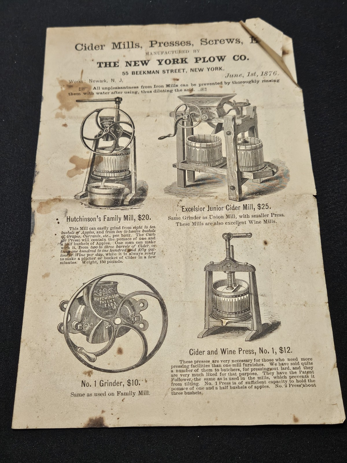 1876 New York Plow Cider Mill Presses Screws Brochure
