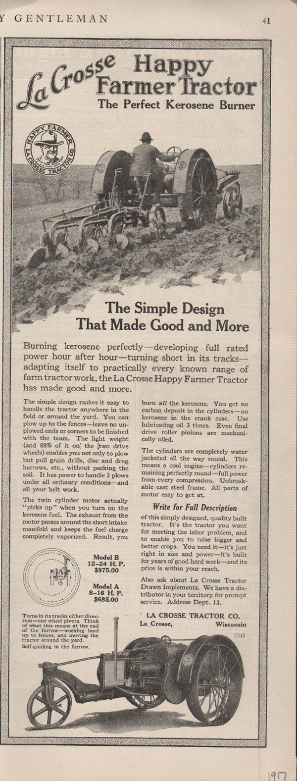 1917 LA CROSSE TRACTOR FARMER MODEL B CROP BARN PLOW ENGINE CULTIVATE AD18586