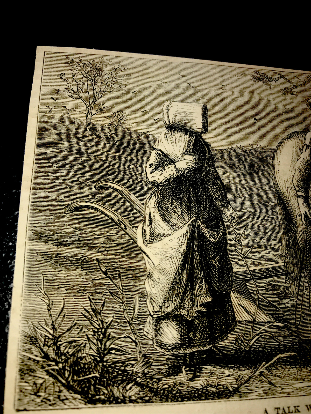 ORIGINAL 1872 A TALK WITH A PLOWMAN Plow Farm Engraving Advertising