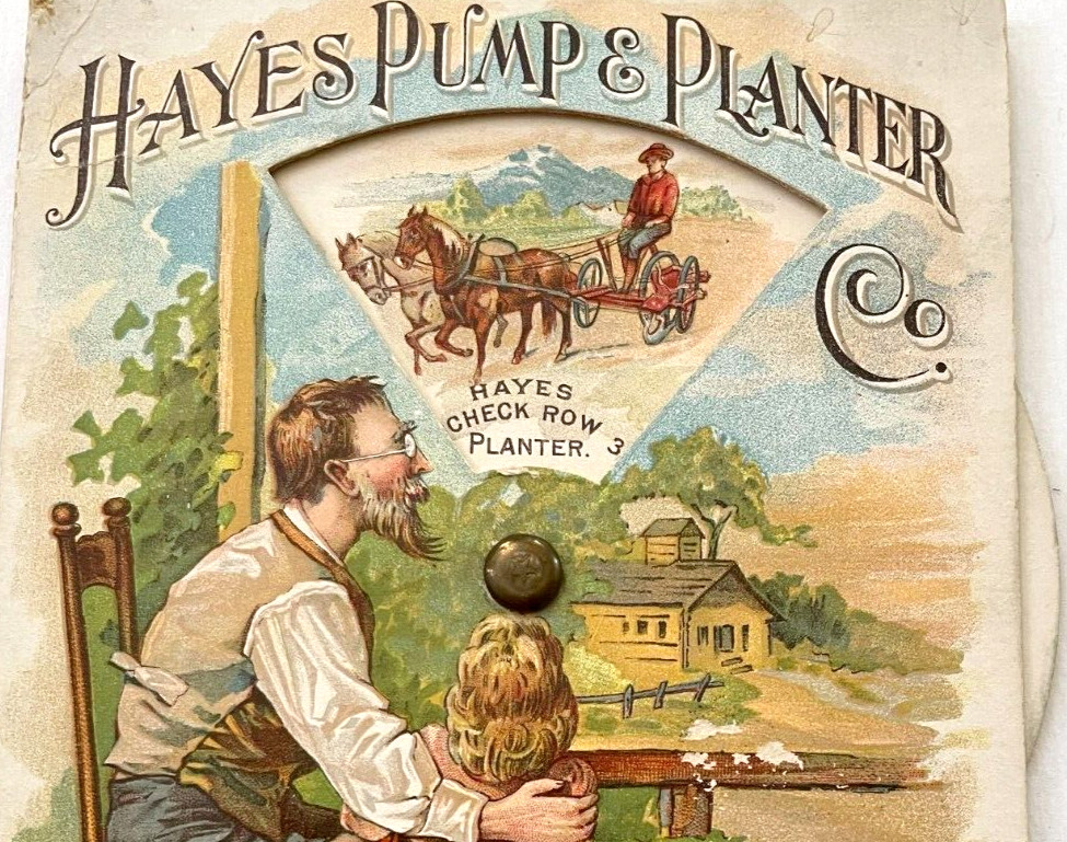Clever Victorian Trade Card “Hayes Pump & Planter Co.” Wheel Showing Products *