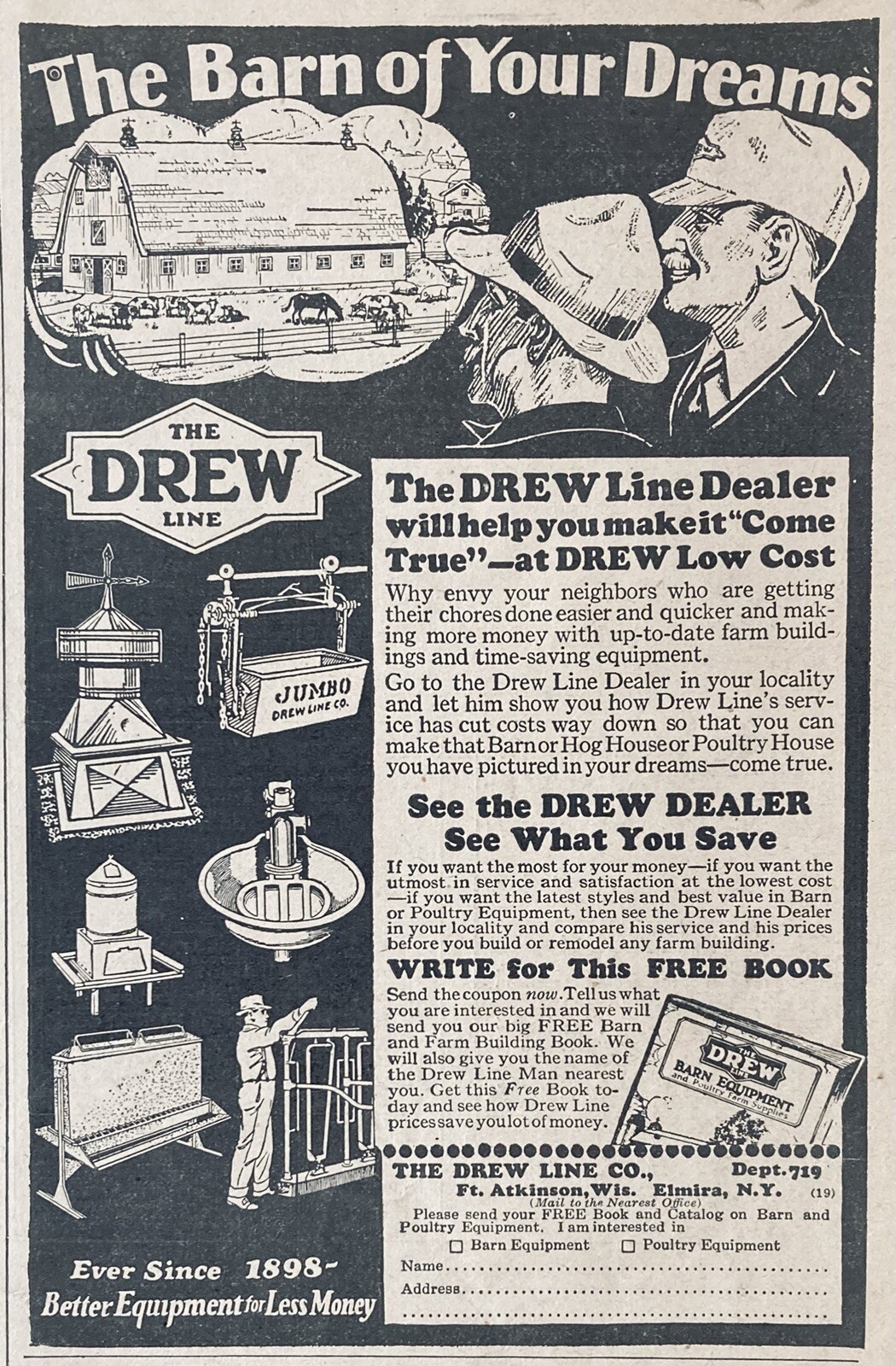 1928 AD.(XH40)~THE DREW LINE CO. FT. ATKINSON, WIS. DREW FARM BARN EQUIPMENT
