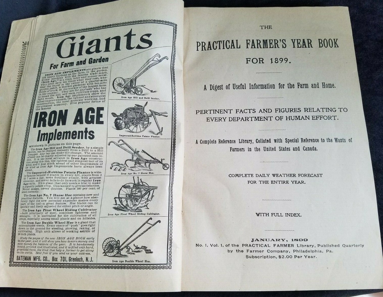 1899 Practical Farmer’s Year Book & Almanac Farmer Co Philadelphia Vol 1 No. 1
