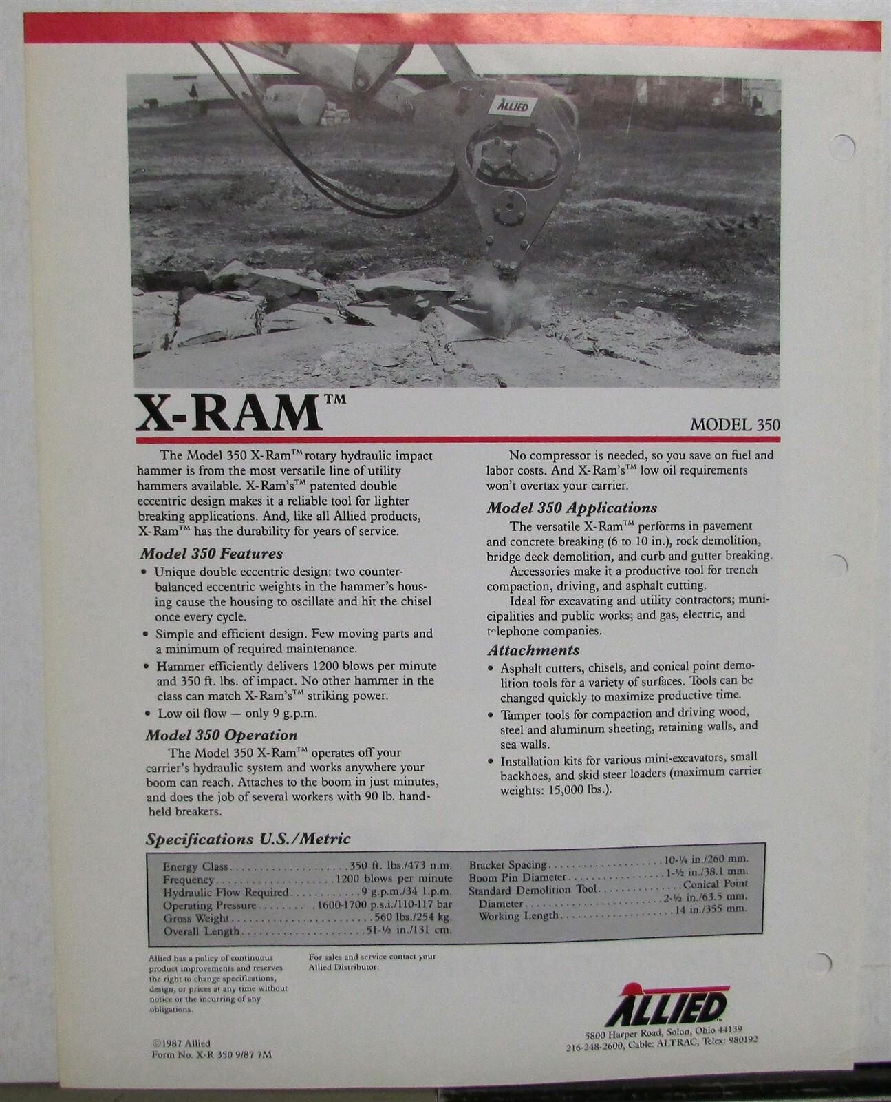 1988 Allied X-RAM Rotary Hydraulic Impact Hammer Sales Data Sheet