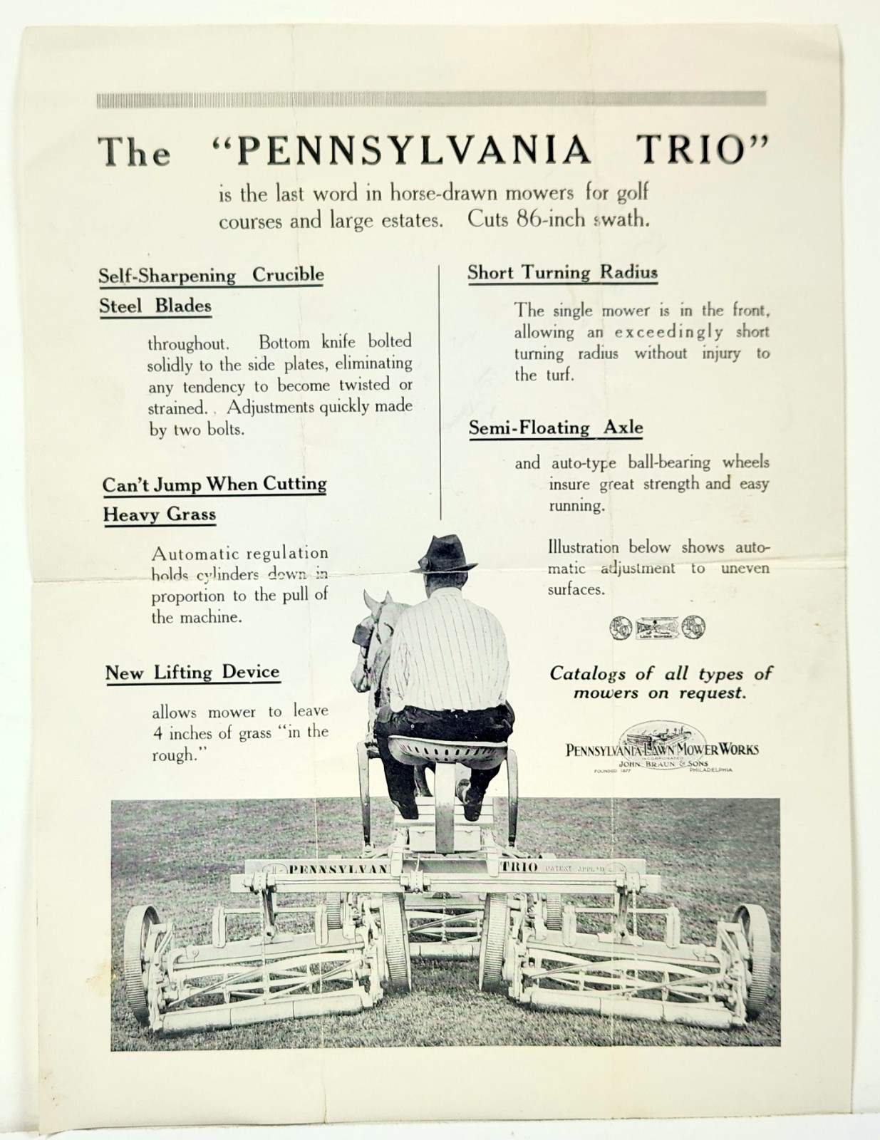 1920’s Pennsylvania Trio Horse Drawn Lawn Mowers Advertising Circular