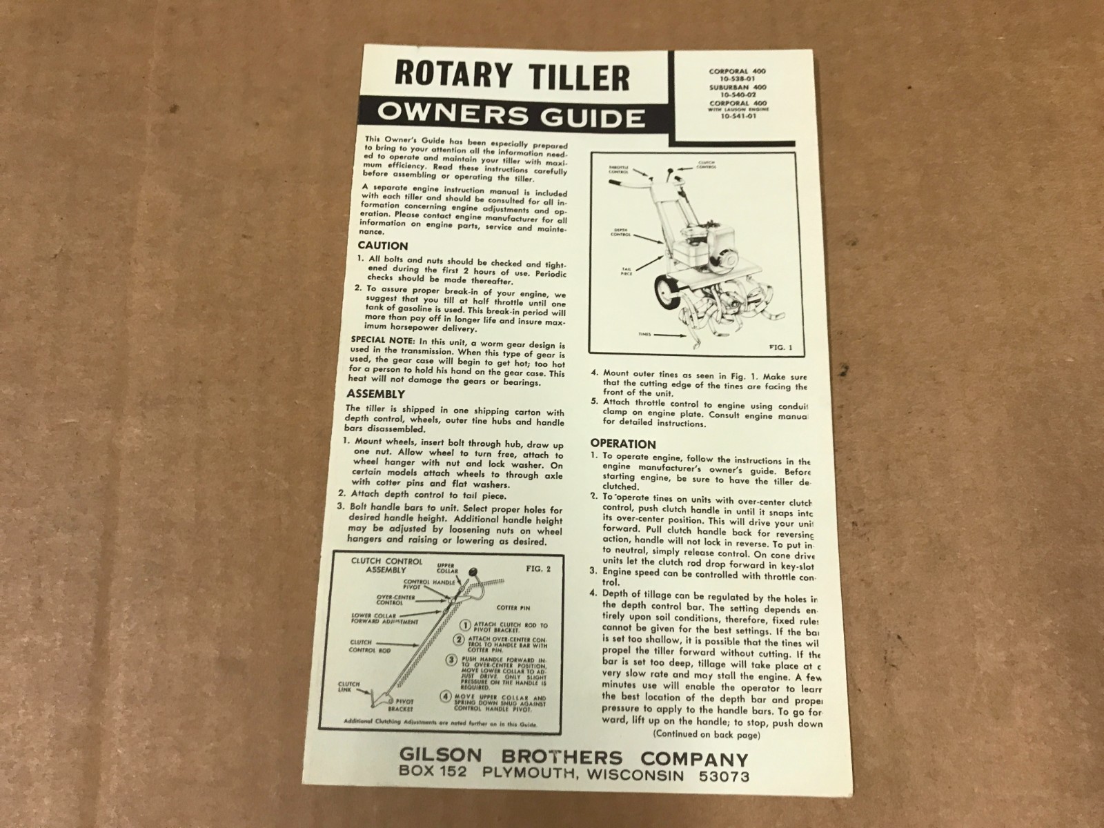 Vintage Gilson Brothers Corportal/Suburban Rotary Tiller Owner’s Guide