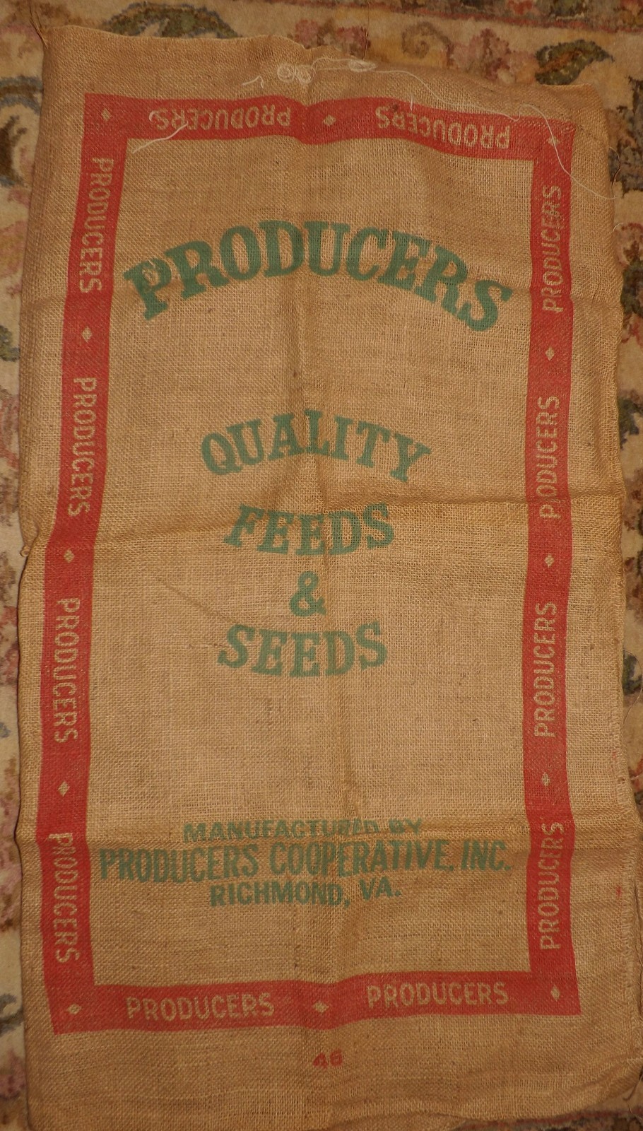 Vintage-Large Burlap-Bag-PRODUCER’S QUALITY FEED & SEED HAND SEWN REPAIRS EXC.