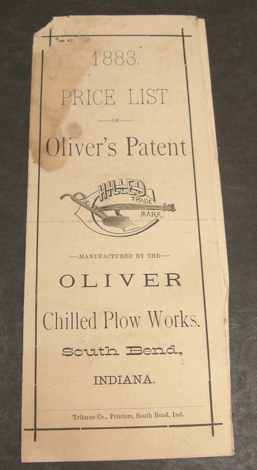 ANTIQUE 1883 PRICE LIST OLIVER AGRICULTURAL PLOW WORKS SOUTH BEND INDIANA