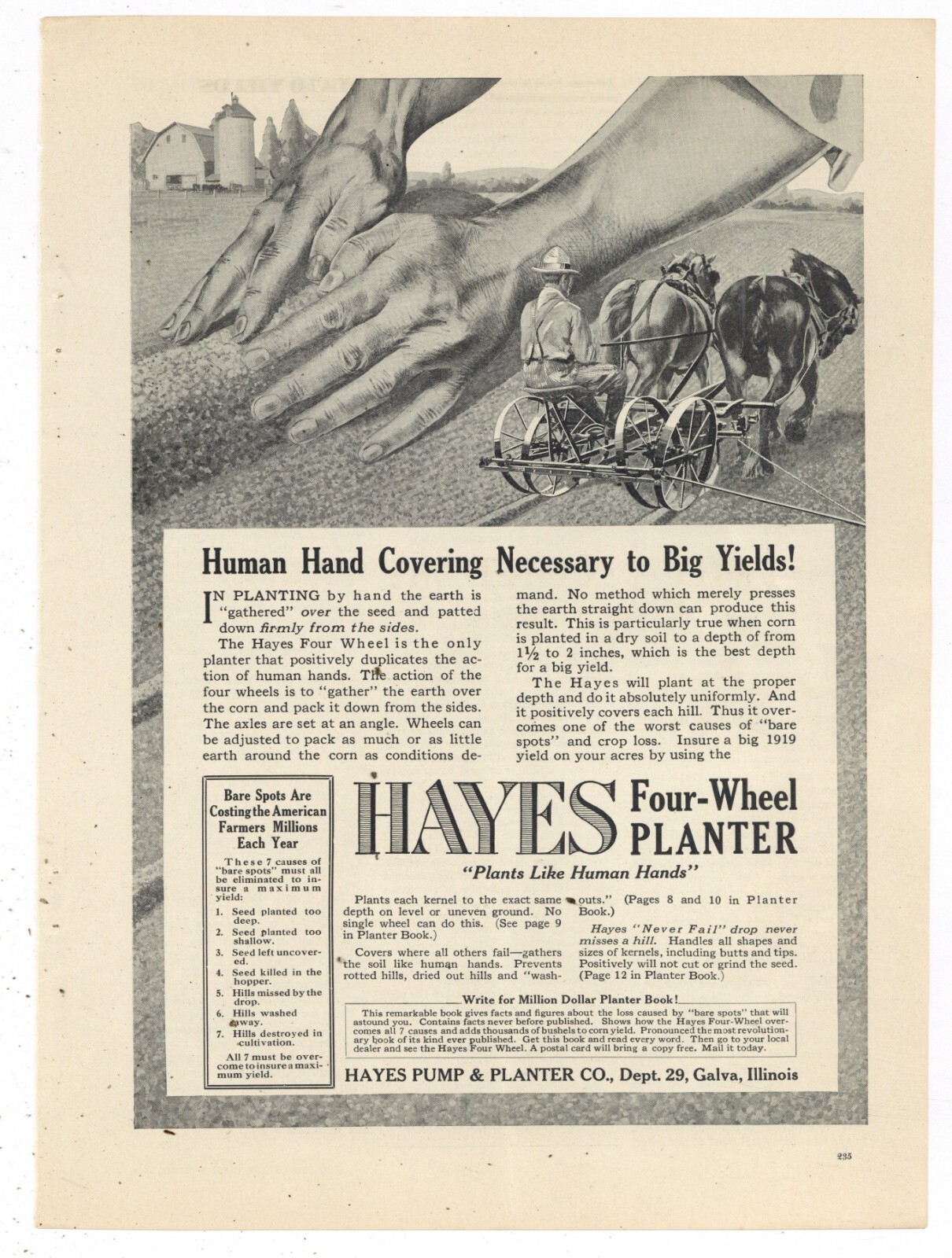 1919 Hayes Pump & Planter Co. Ad: Four Wheel Planter Pictured – Galva, Illinois