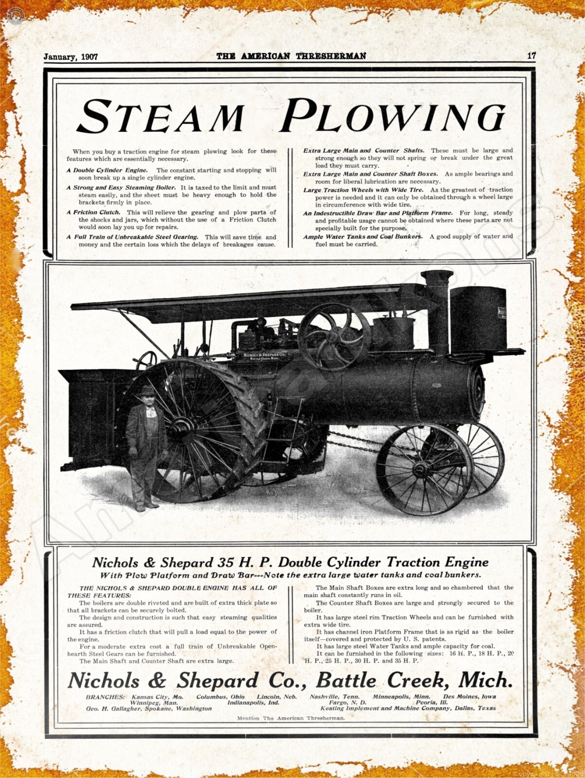 1906 Nichols & Shepard Traction Engine New Metal Sign: 12×16″ Ships Free