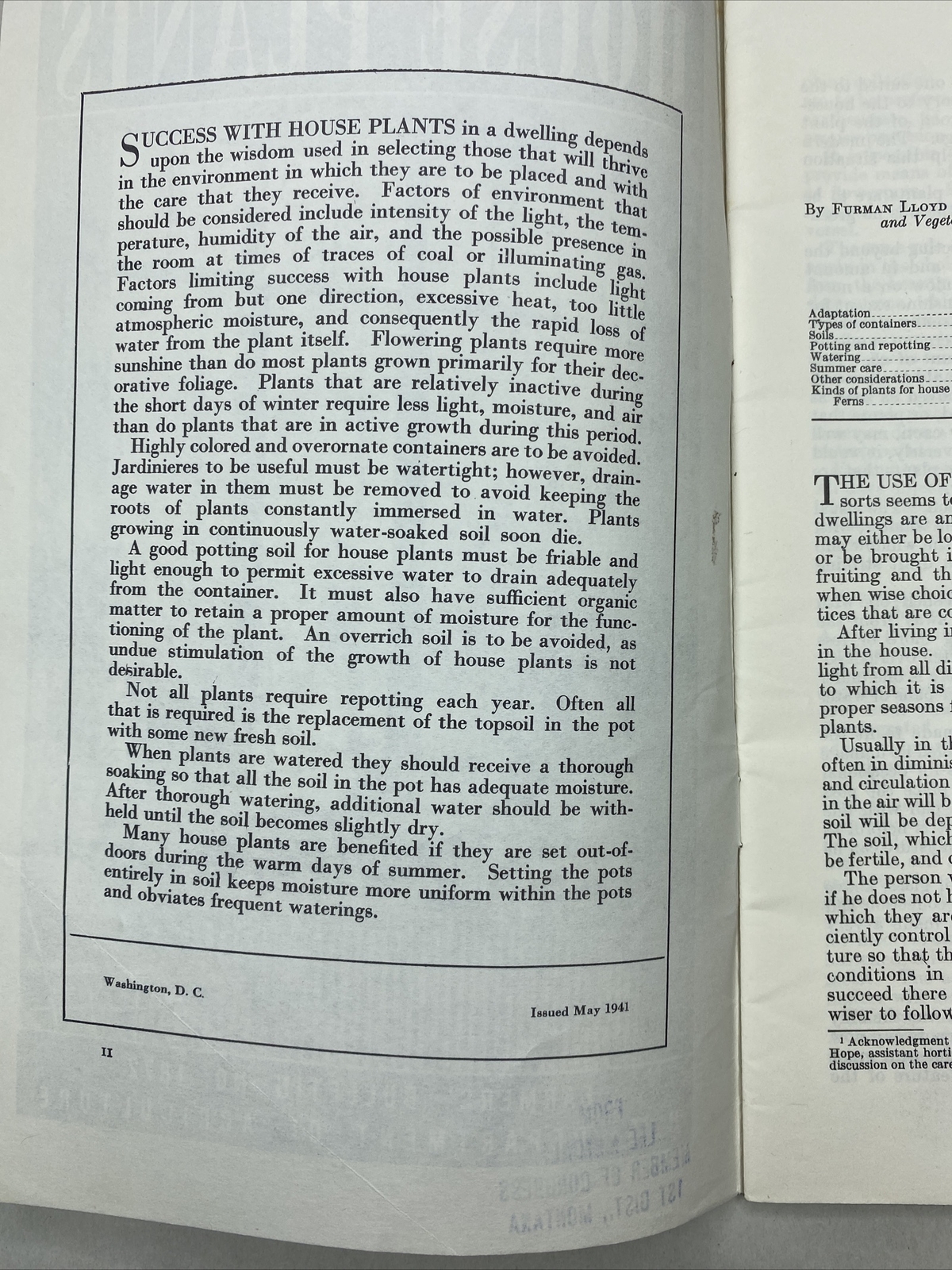 1946 USDA Farmers’ Bulletin No. 1872 House Plants Furman Lloyd Mulford