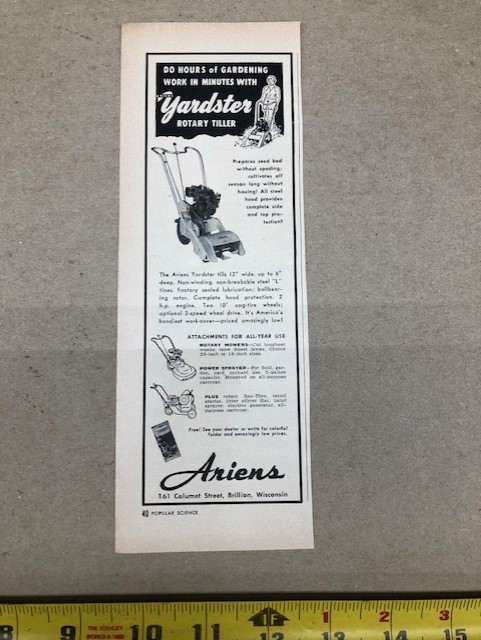 1954 Ariens “Yardster” Rotary Garden Tiller “Do Hours of Gardening”–vintage ad