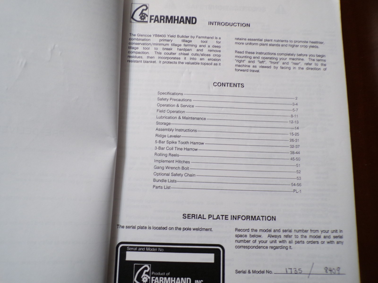 Farmhand YB8400 Yield Builder, model F552-B Operator’s/Parts Manual 1991