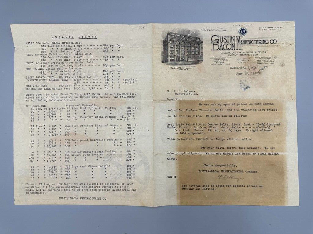 1922 Gustin Bacon FARM THRESHING Illustrated Letterhead Advertising KANSAS CITY
