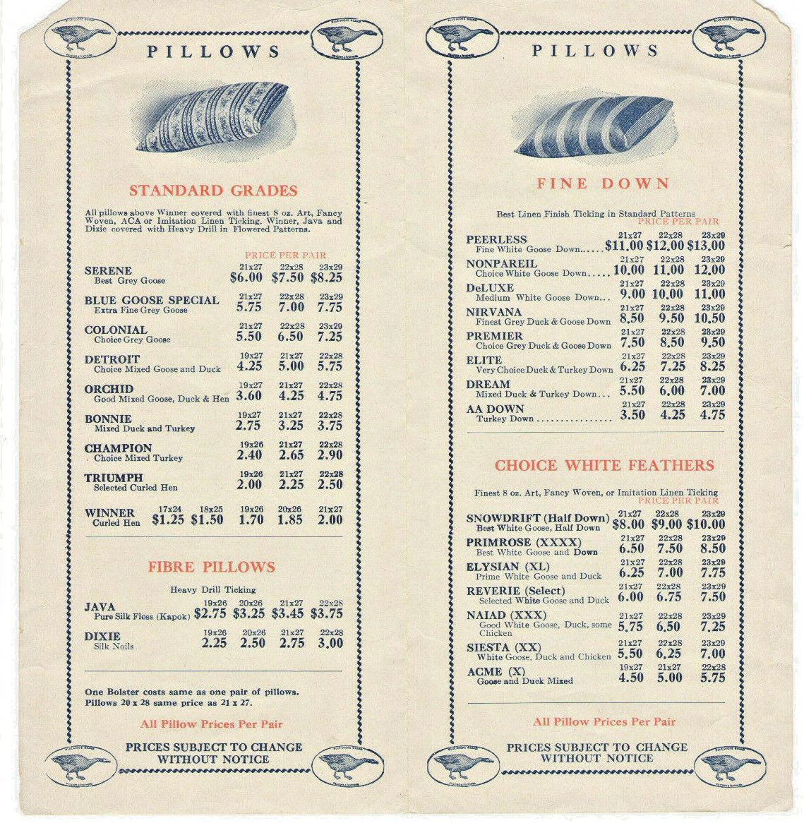 VINTAGE 1928 PILLOW & BULK FEATHER BROCHURE W/PRICES! TURKEY, GOOSE, DUCK DOWN!