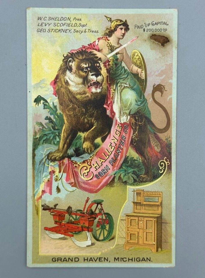 1892 CHALLENGE CORN PLANTER Advertising FARM Trade Card GRAND HAVEN MI Lion