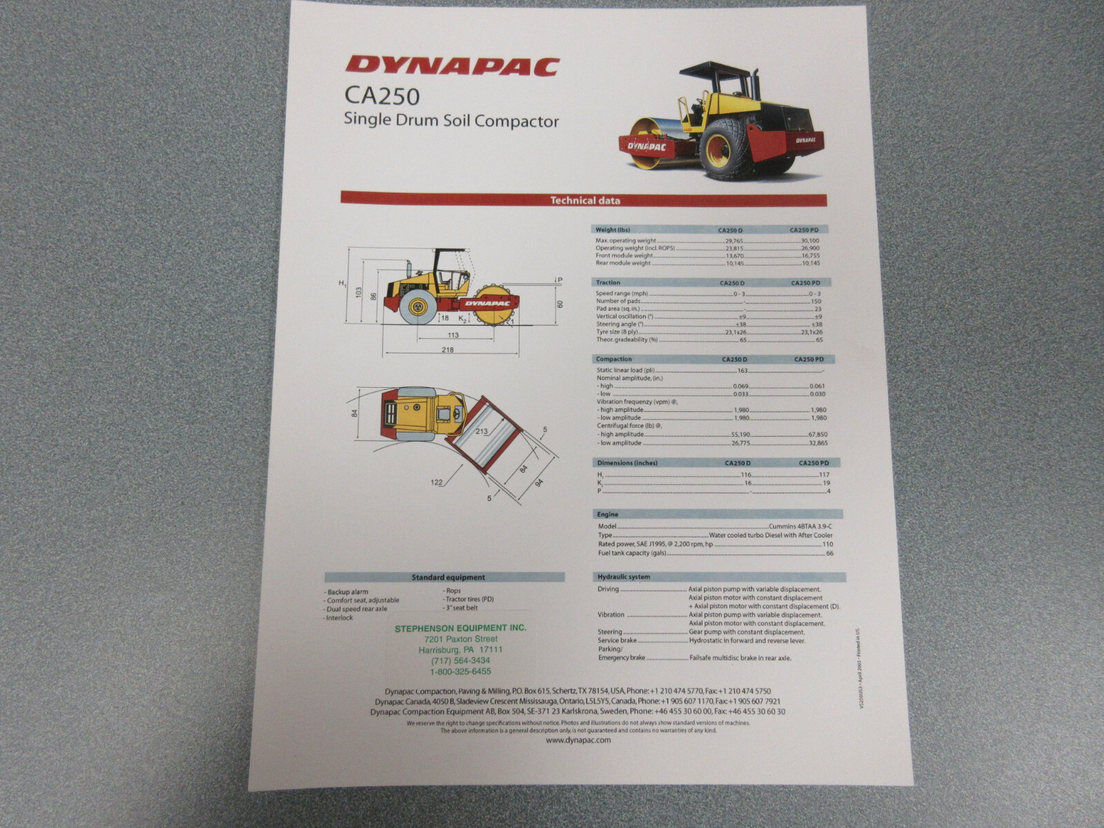 Dynapac CA250 Roller Compactor Brochure 1 Page