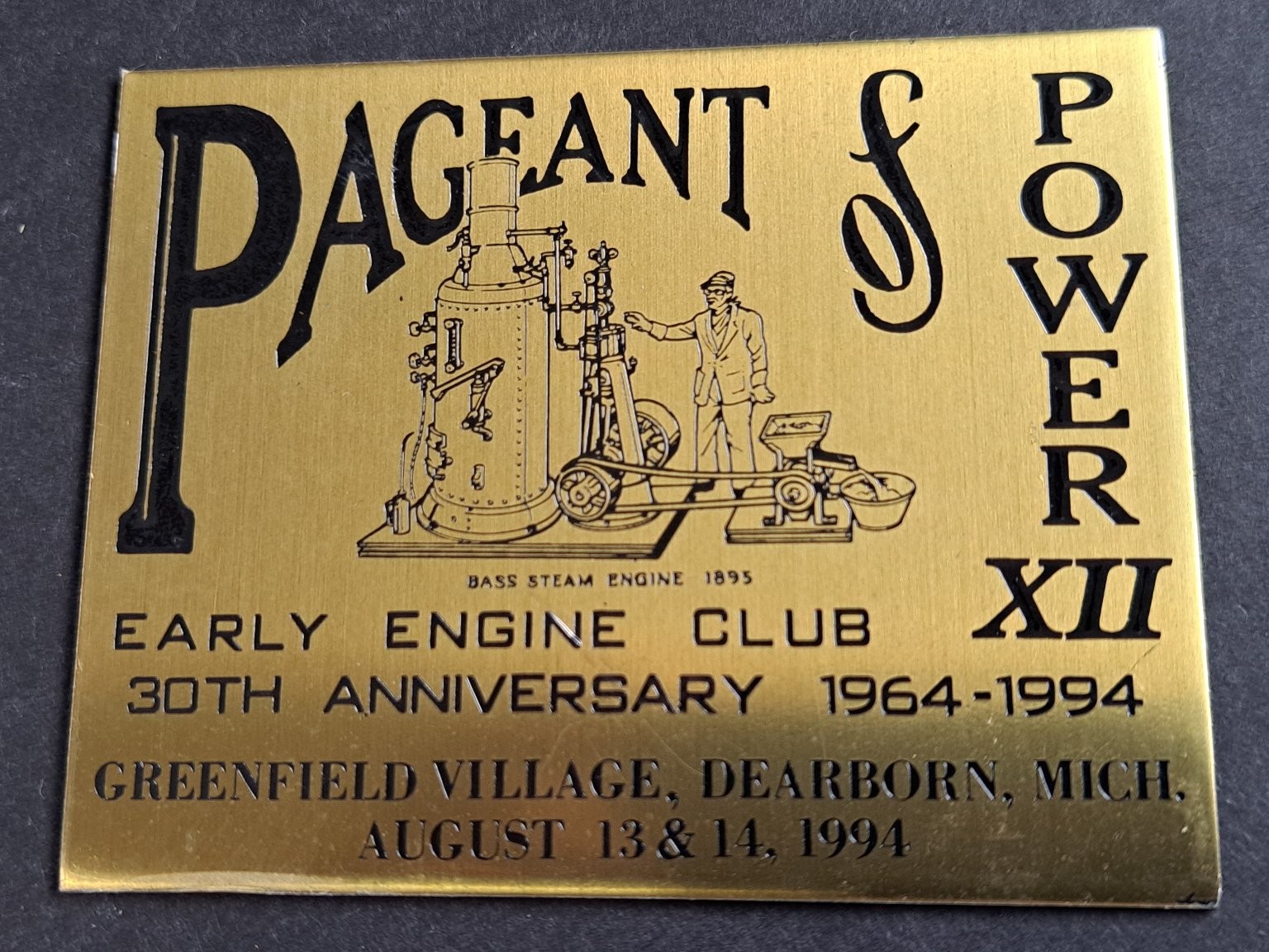Pageant of Power XII Early Engine Club 30th Anniversary 1994 Brass Plaque