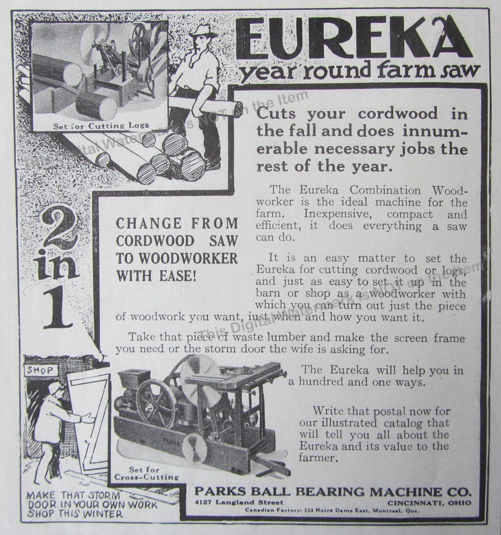 1919 Ad * Eurika Farm Saw Combination Woodworker Parks Ball Bearing Machine Co