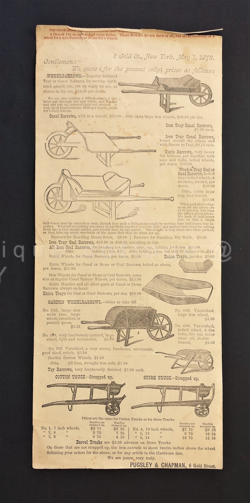 1872 antique PUGSLEY CHAPMAN GARDEN BARROW PRICES farm tool BROADSIDE