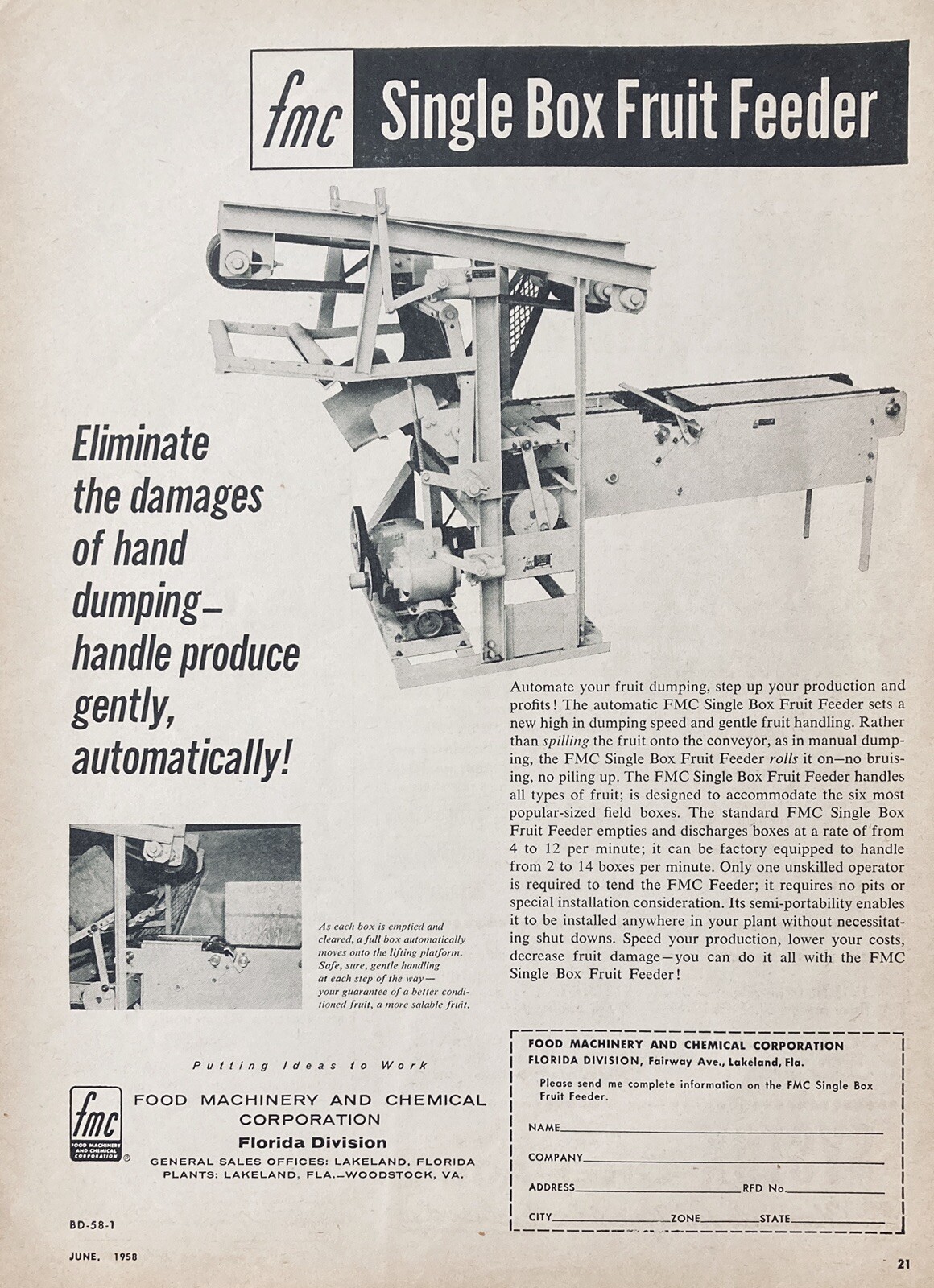 1958 AD.(XG2)~FOOD MACHINERY CO.(FMC) FMC SINGLE BOX FRUIT FEEDER
