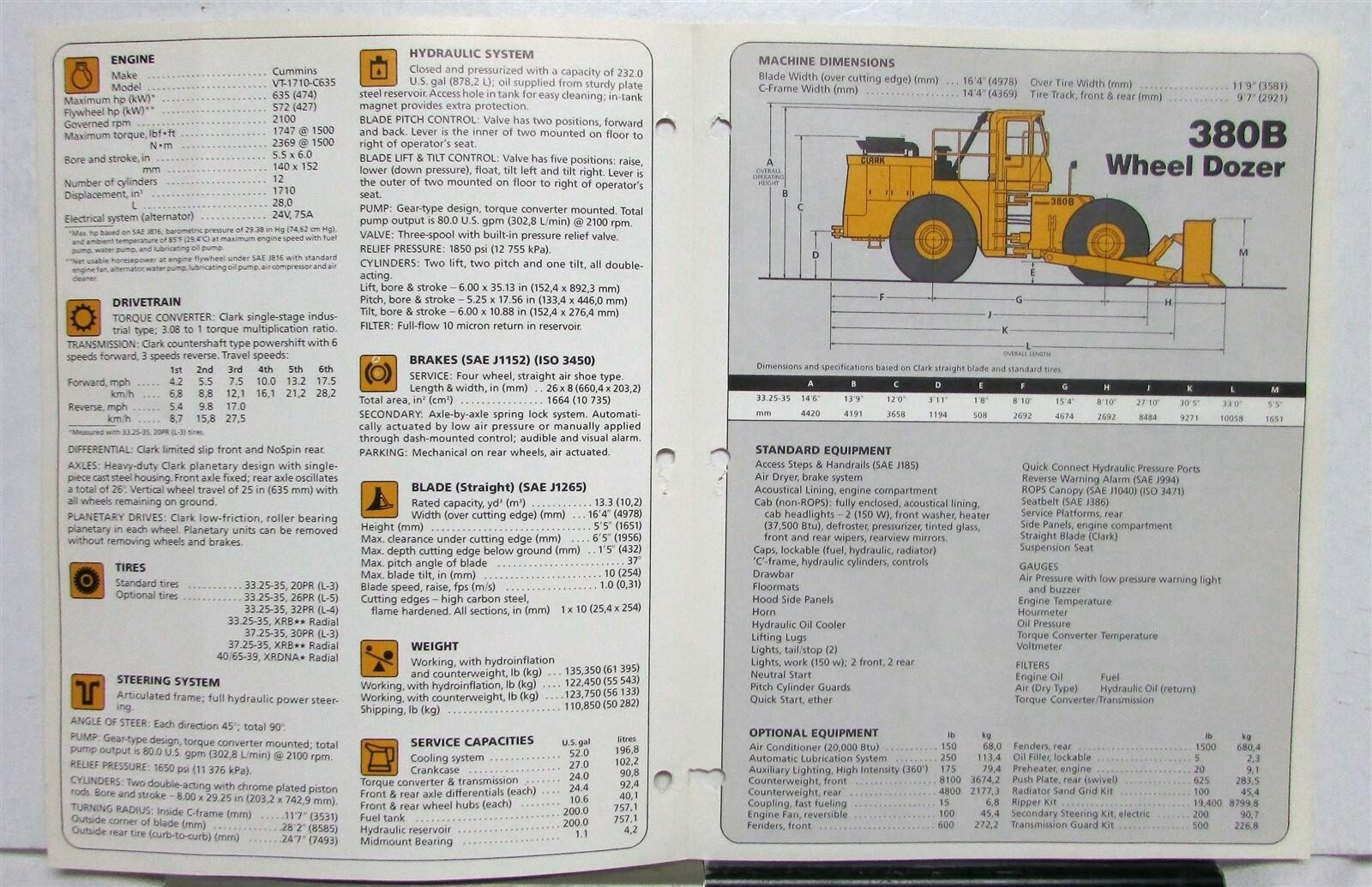 1982 Clark Michigan 380B Wheel Dozer Specifications Construction Sales Folder