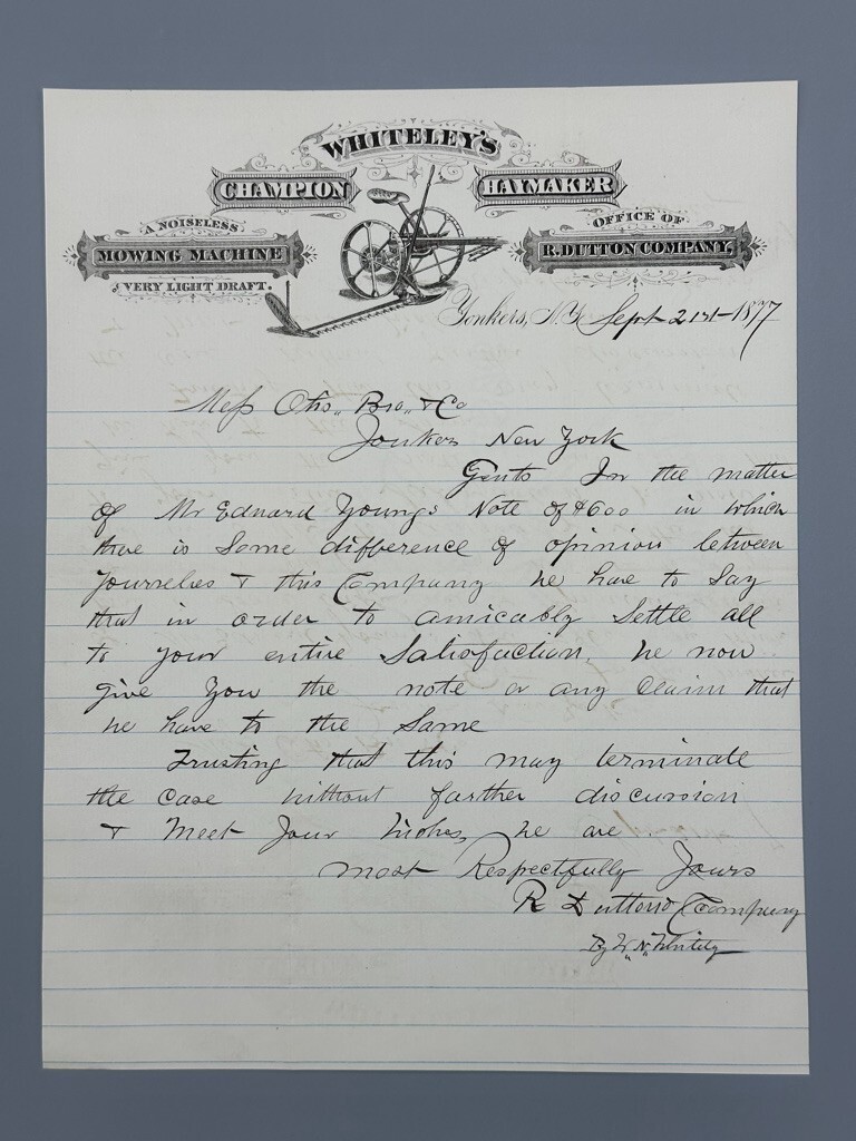 1877 WHITELEY’s CHAMPION HAYMAKER Mower FARM ADVERTISING Letterhead YONKERS NY