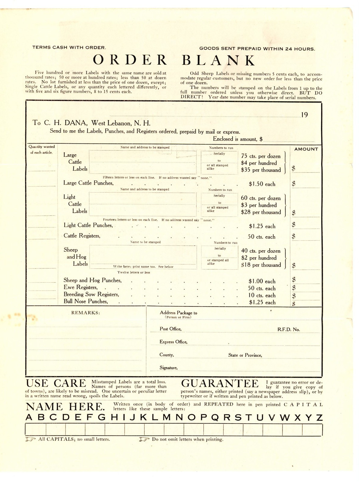 Dana’s Stock Labels & Breeder Memorandum C H Dana West Lebanon New Hampshire
