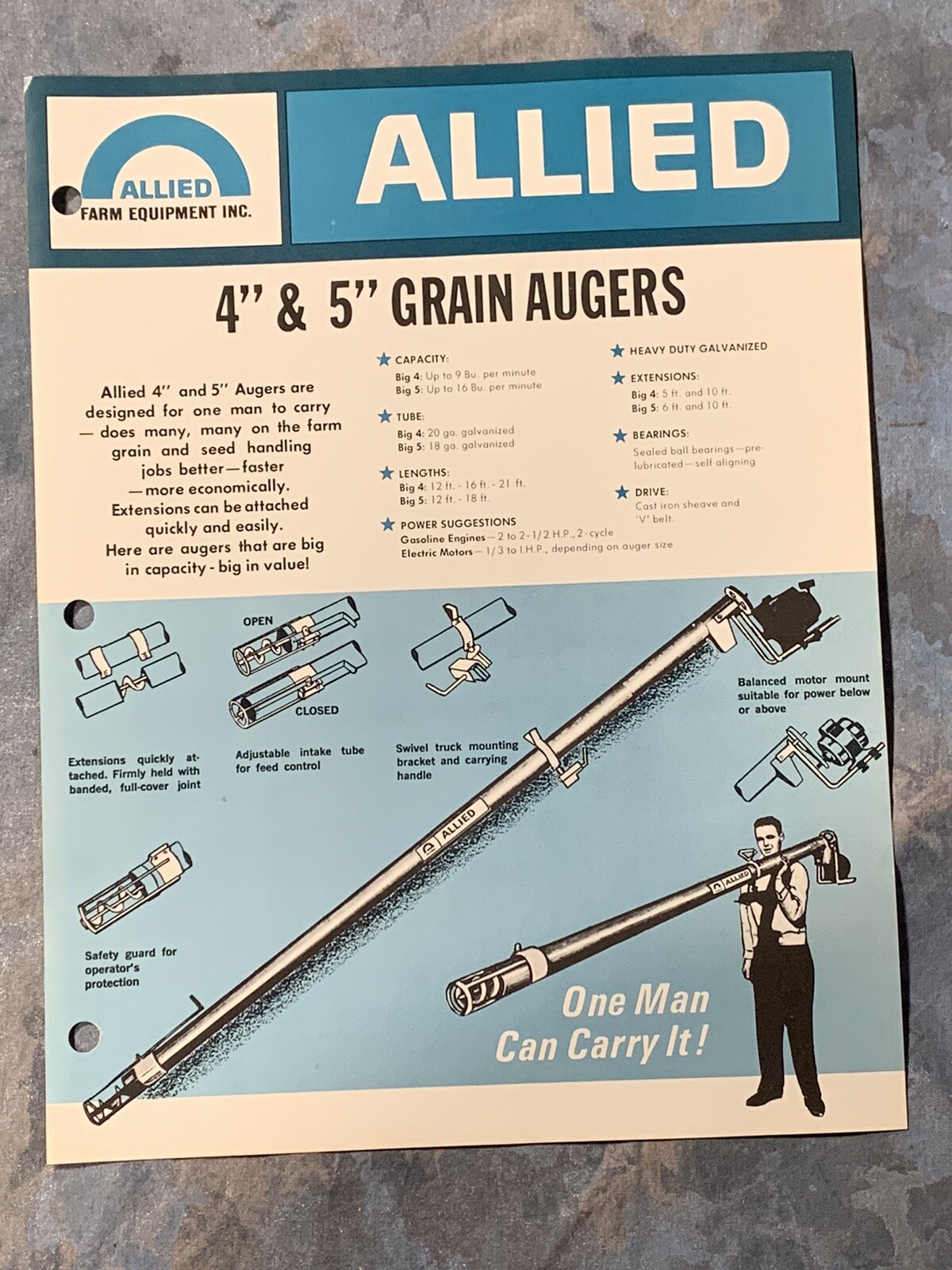 Allied 4″ & 5″ Grain Augers~ Chicago IL ~Sales Info Catalog Page~ Vintage