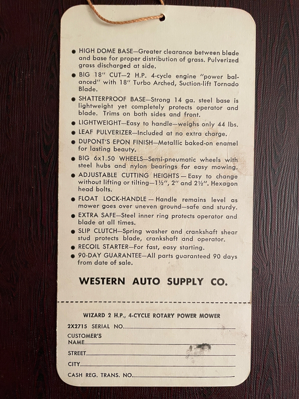 VINTAGE 1950’ S WESTERN AUTO ‘WIZARD’ LAWN MOWER SALES HANG TAG , Automotive