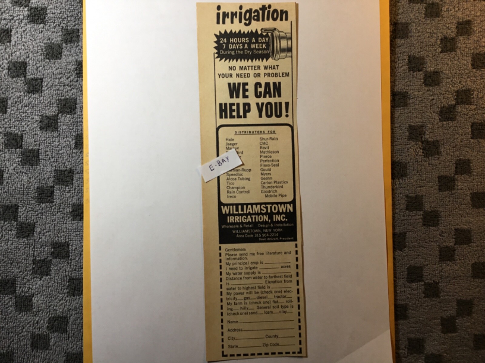 1968 Ad. Williamstown Irrigation Inc. Williamstown, NY. Dave DeGraff President