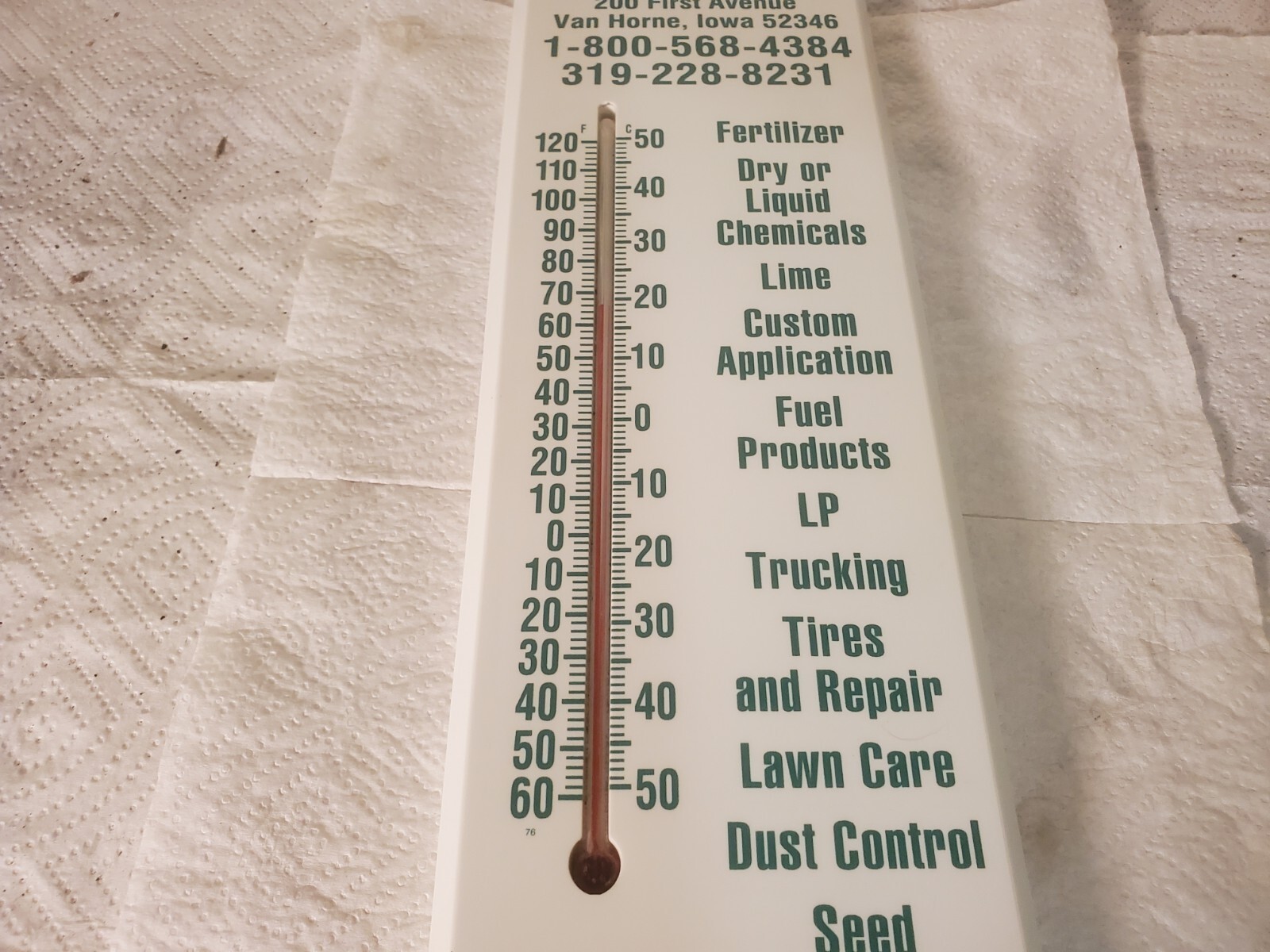 20″ Plastic Thermometer O’Grady Chemical Van Horne Blairstown Iowa Farm Seed