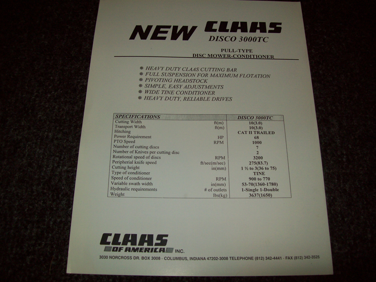 CLAAS DISCO 3000TC BROCHURE AD LITERATURE