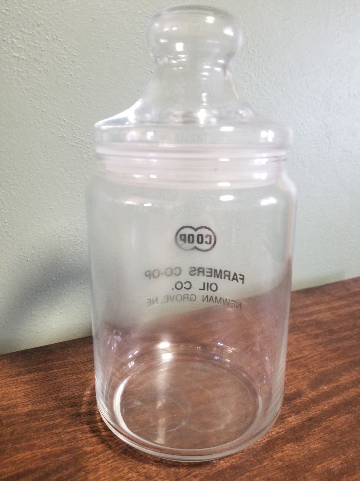 Apothecary Jar Vintage Advertising Glass with Lid Farmer’s Co-op Oil Company