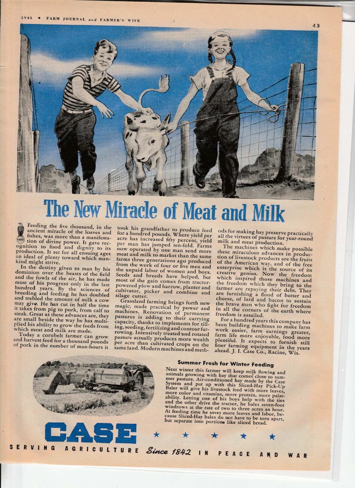 Original 1943 Case Tractor Magazine Ad ‘The New Miracle of Meat and Milk’