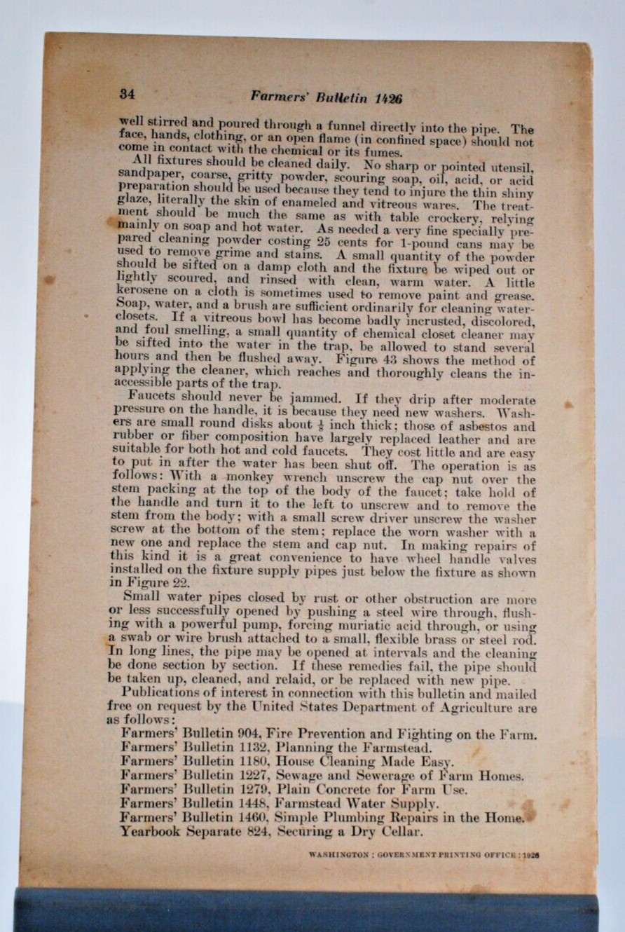 1924 US Department Of Agriculture Farmers’ Bulletin No 1426 Farm Plumbing