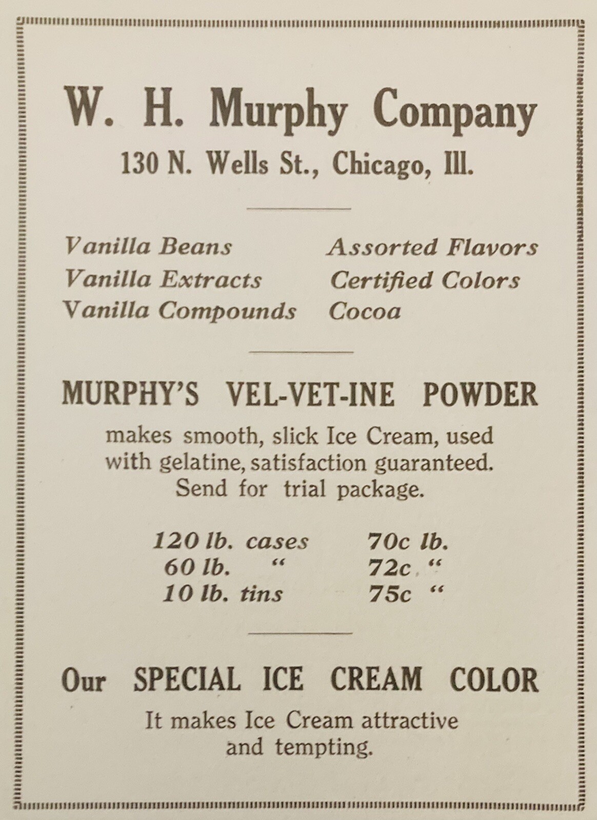 1920 AD.(XH52)~W.H. MURPHY CO. CHICAGO. MURPHY’S VEL-VET-INE ICE CREAM POWDER