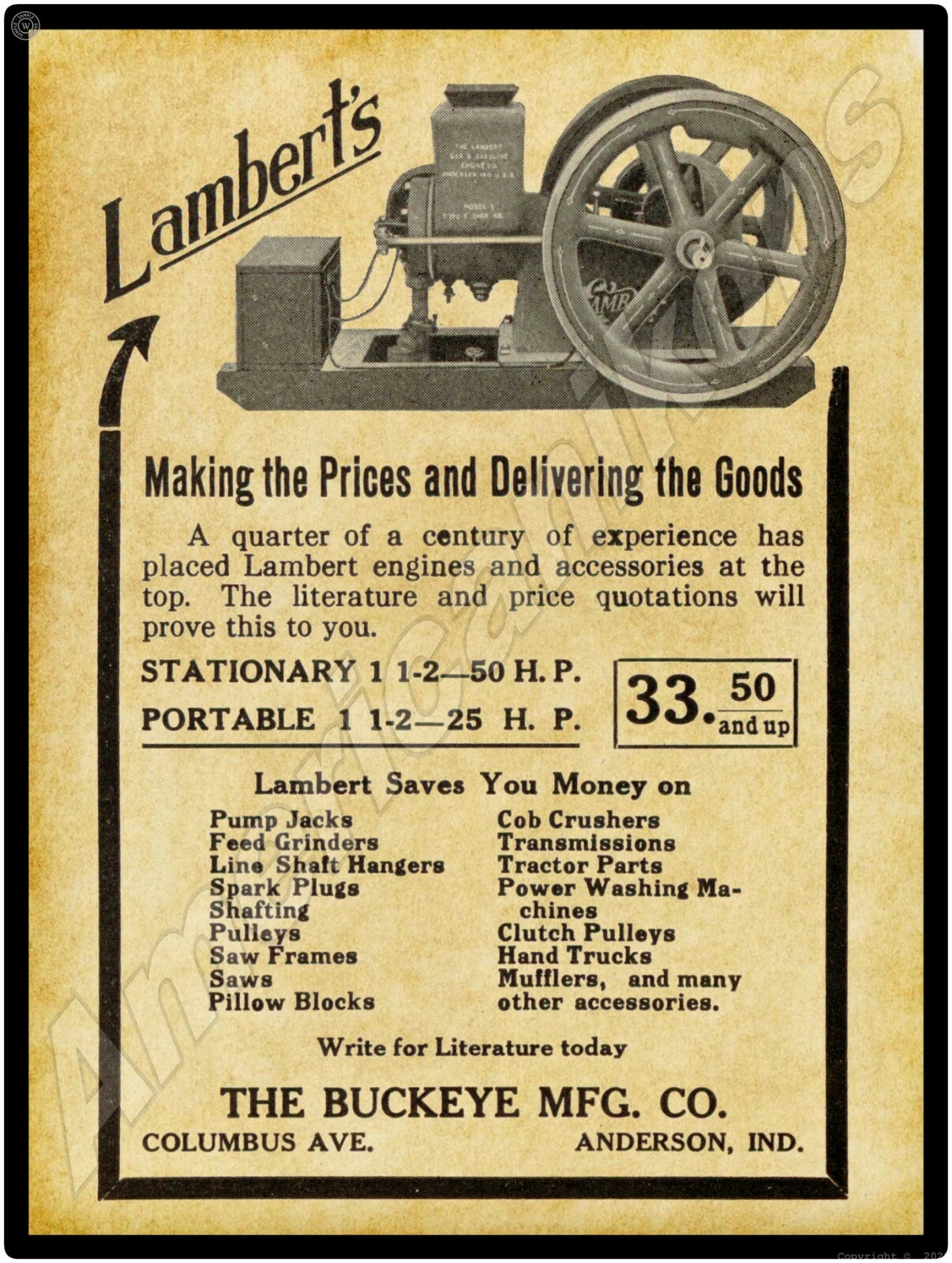 1915 Buckeye Mfg. Co. Lambert Gas Engines New Metal Sign: LARGE SIZE 12 x 16