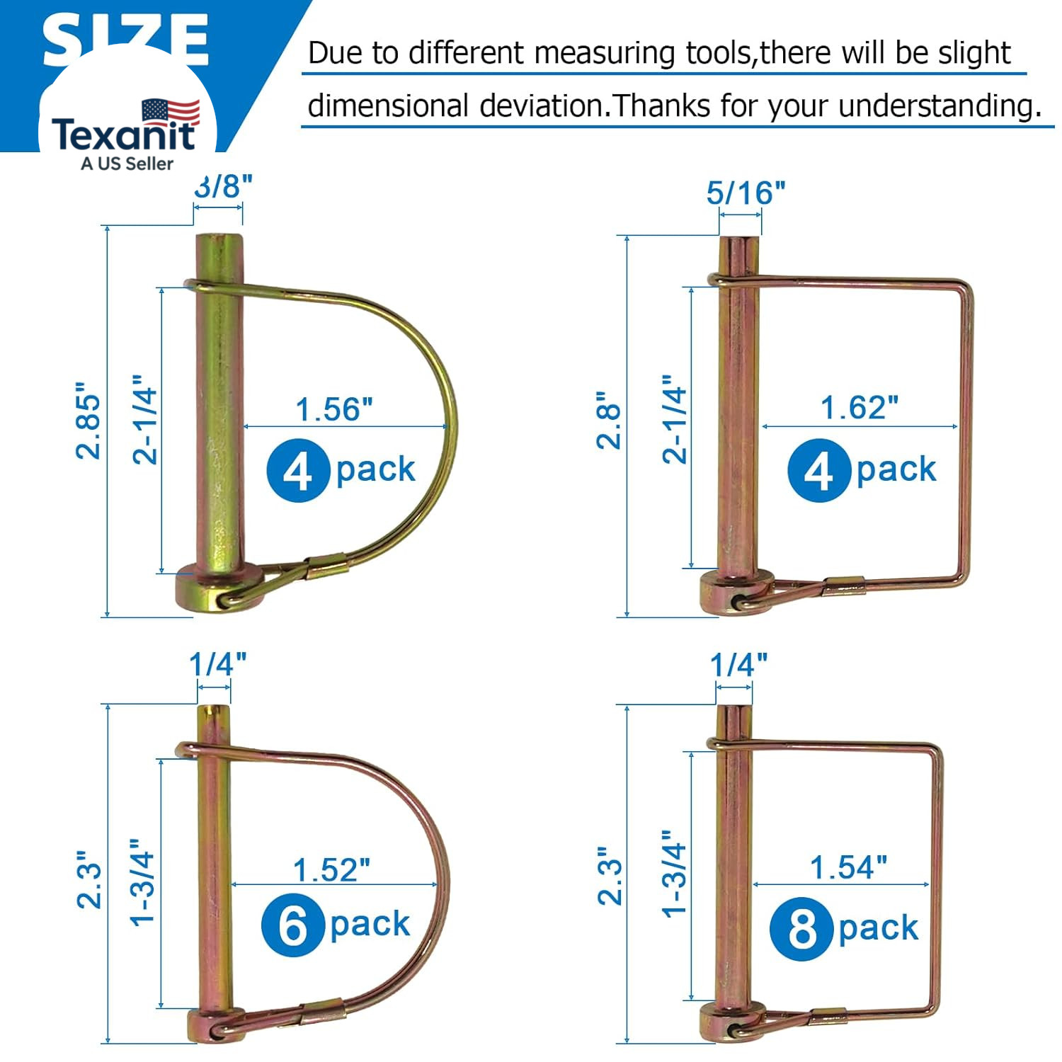 22 Pcs Shaft Locking Pin in 1/4″, 5/16″ and 3/8″ Diameter in 2 Shapes of Square