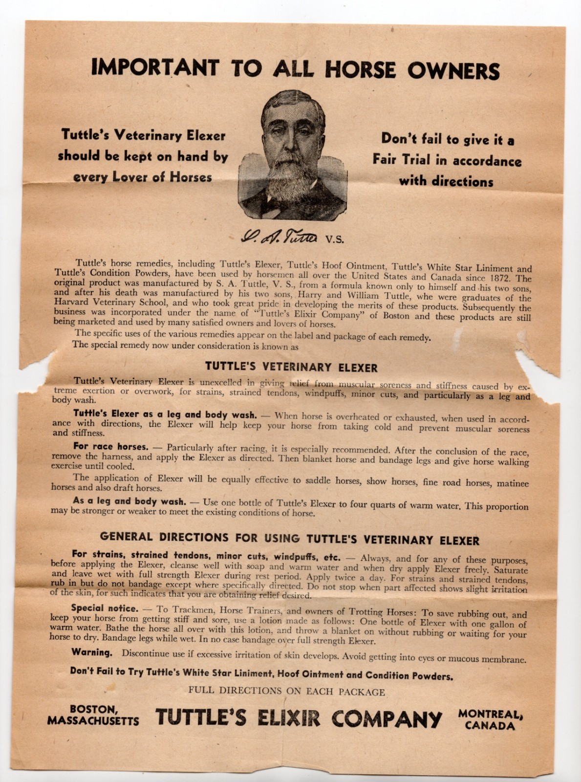 early – Tuttle’s Veterinary Elexer, bottle handout sheet – XL2Z