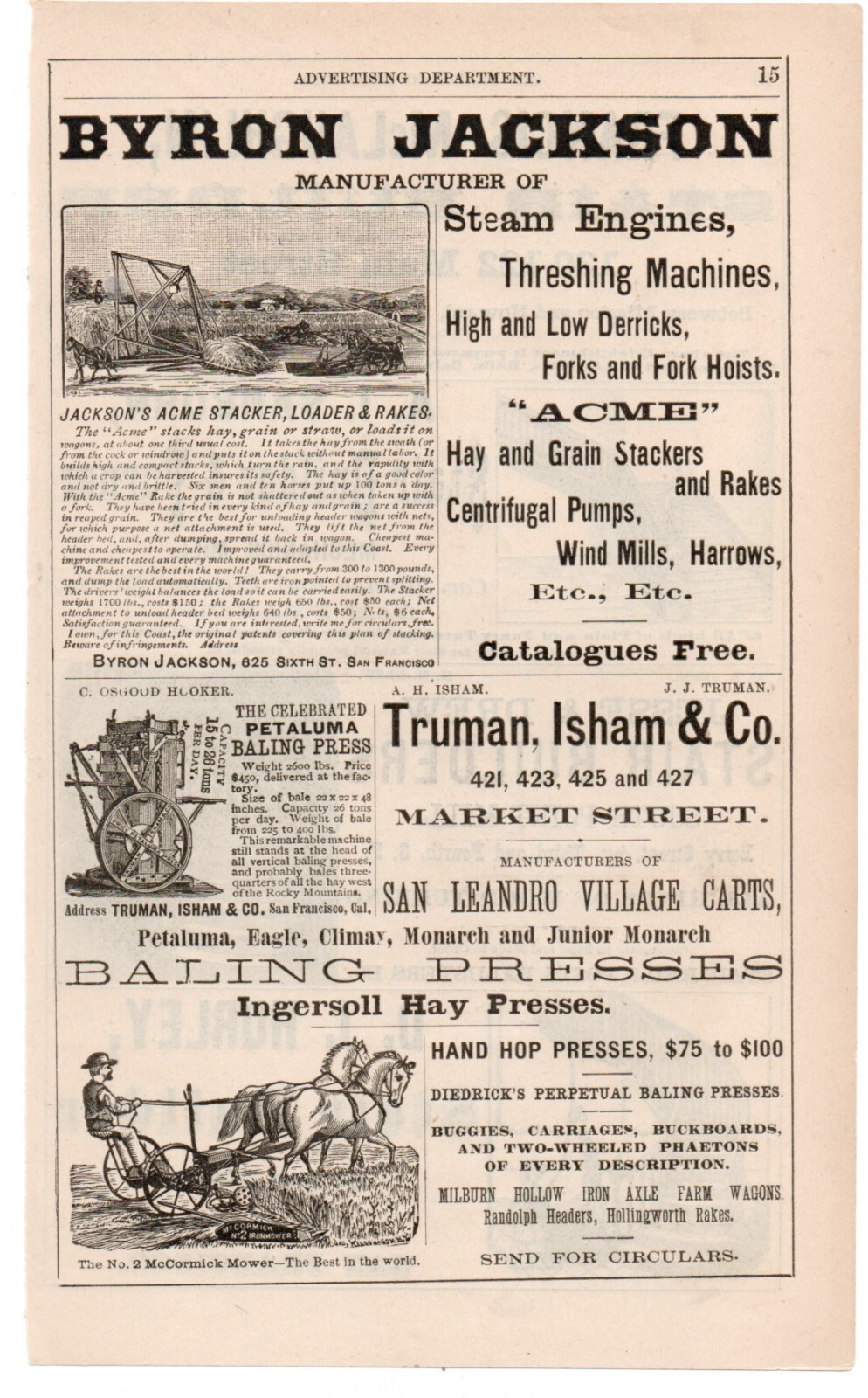 Original 1880s Advertisement Byron Jackson Agricultural Machines San Francisco