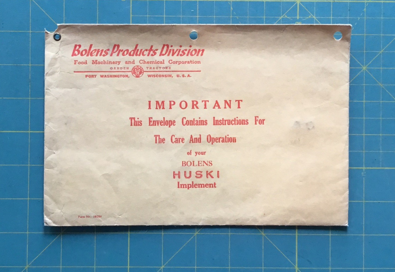Bolens Products Division HUSKI Implement envelope, 1950’s