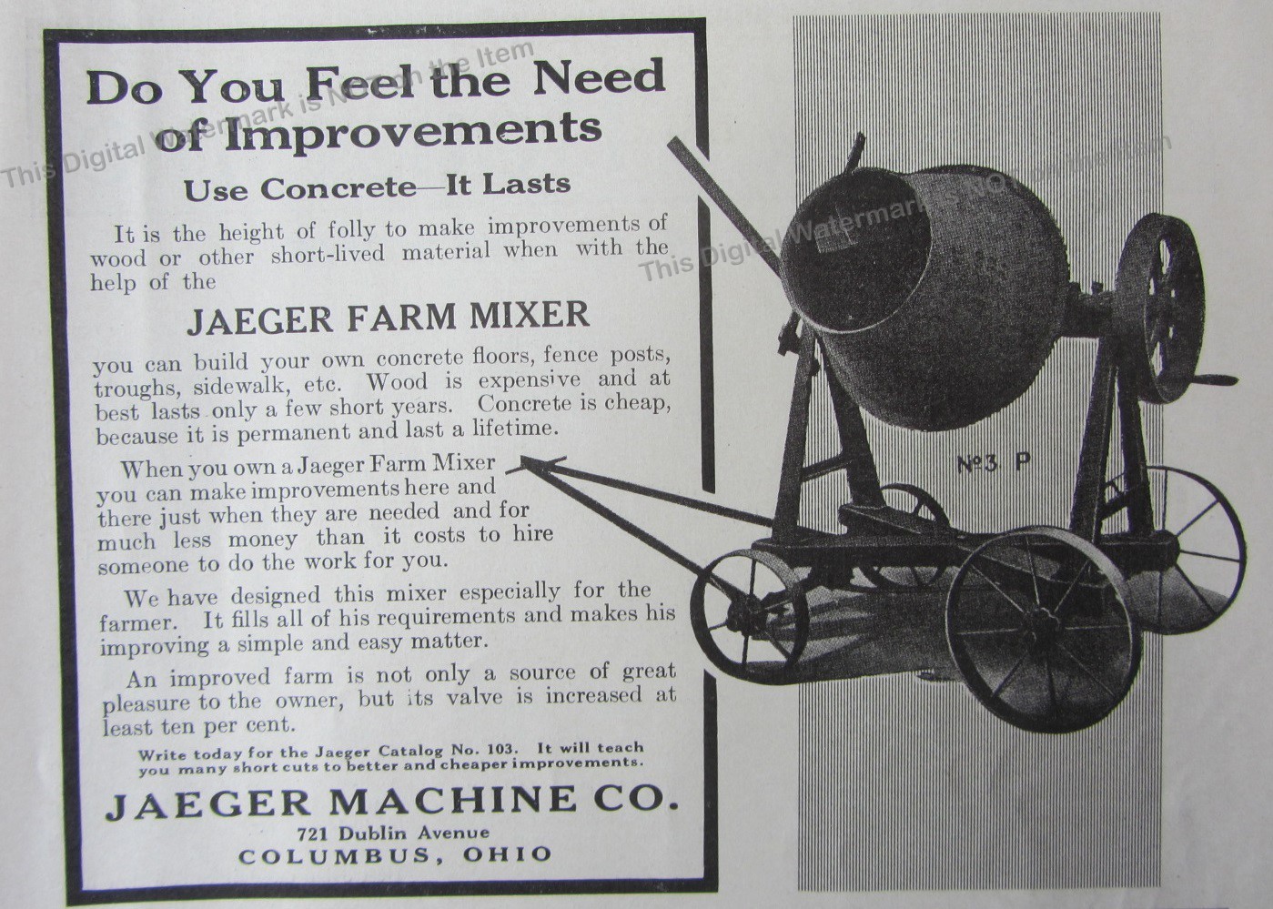1919 Ad * Jaeger Farm Mixer Use Concrete Jaeger Machine Co Columbus Ohio