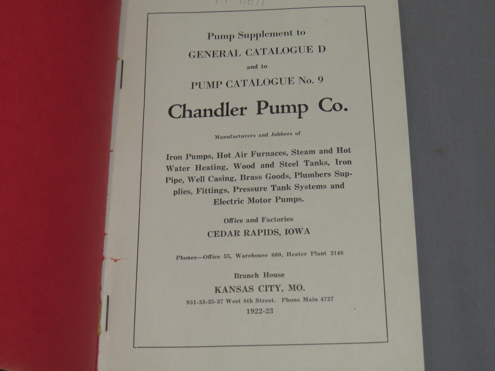 Vintage 1920’s CHANDLER Pump Supply Co Full Line Catalog Kansas City Missouri