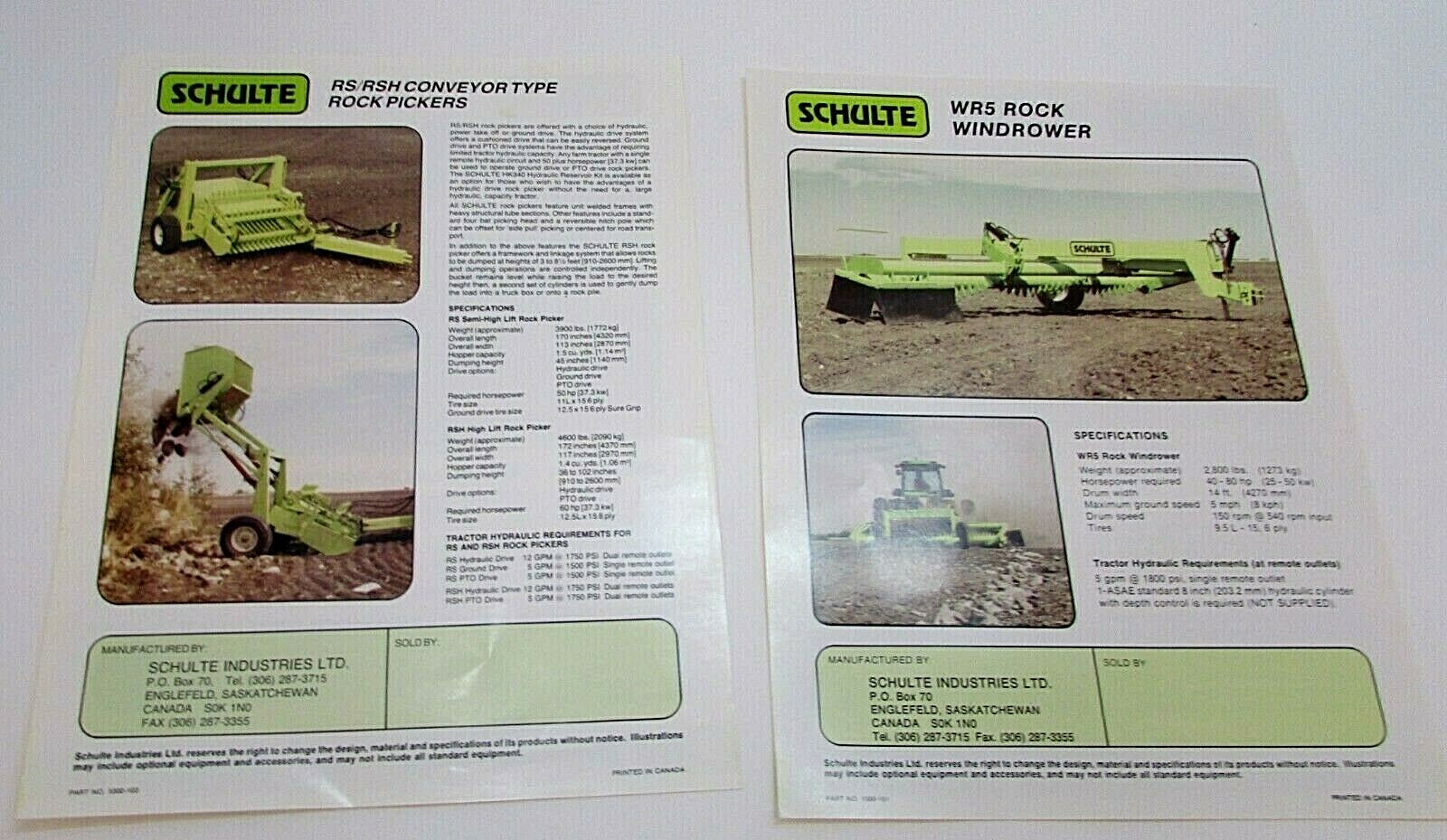 Two 1991 Schulte RS/RSH Conveyer Type Rock Picker WR5 Windrower Pages FREE S/H