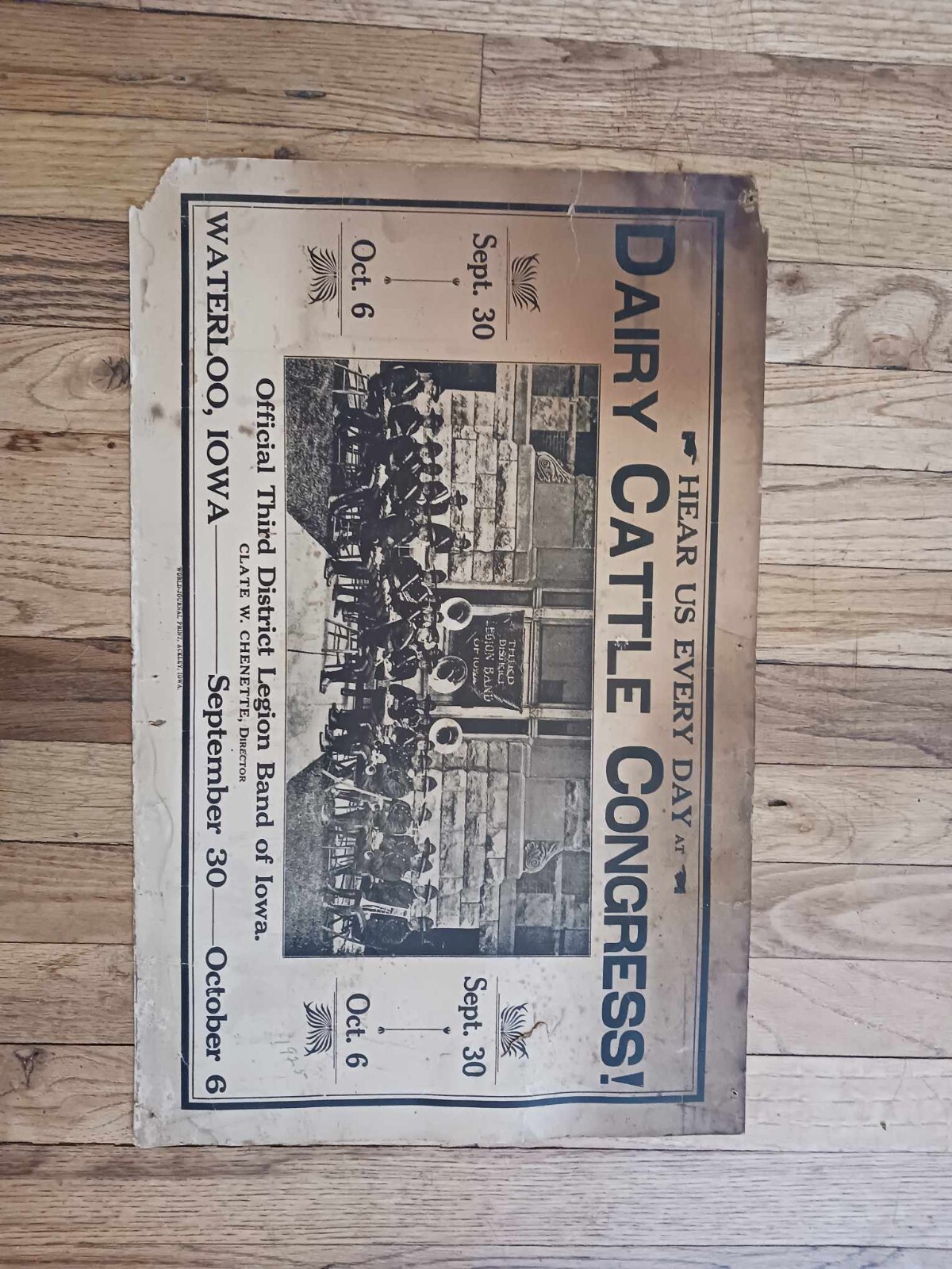 1925 DAIRY CATTLE CONGRESS POSTER SIGN LEGION BAND WATERLOO ACKLEY IOWA 22″ X 14