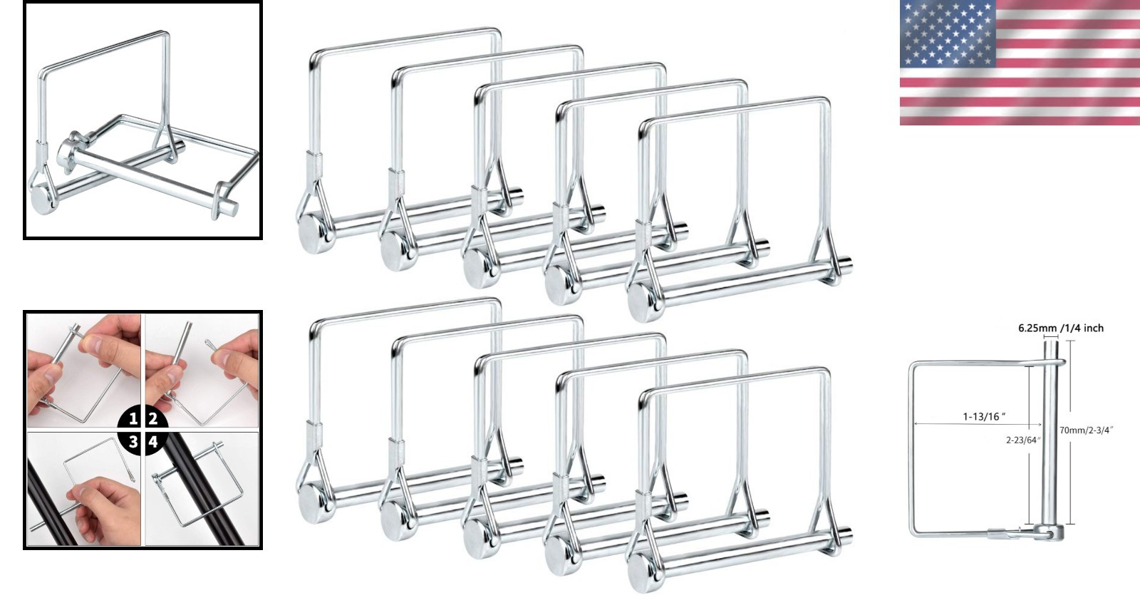 Durable 10 PCS 1/4″ x 2-3/4″ Square Locking Pins Perfect for Trailers & Gardens