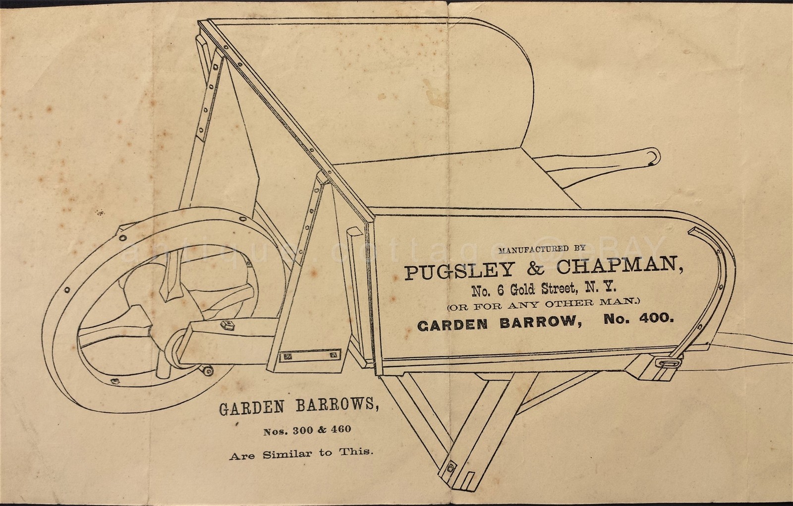 1872 antique PUGSLEY CHAPMAN GARDEN BARROW PRICES farm tool BROADSIDE