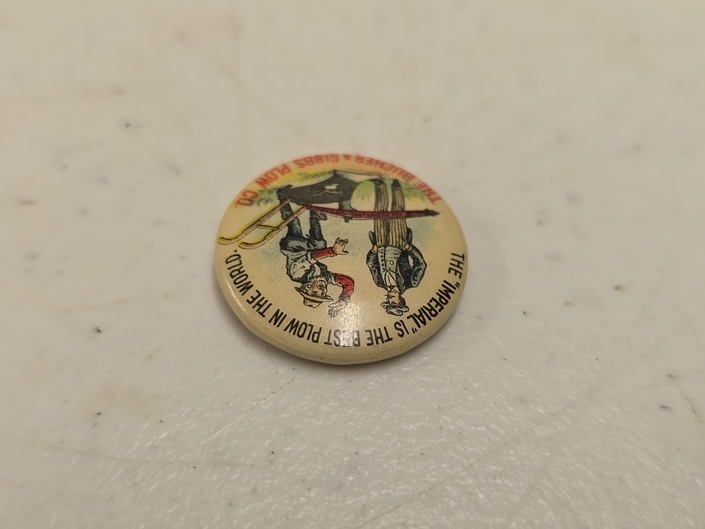 Antique 7/8″ Bucher & Gibbs Imperial Plow Advertising Celluloid Pinback