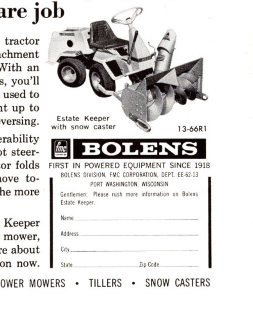 1966 Bolens Estate Keeper Riding Mower, Port Washington WI Print Ad 6.5″ x 10″